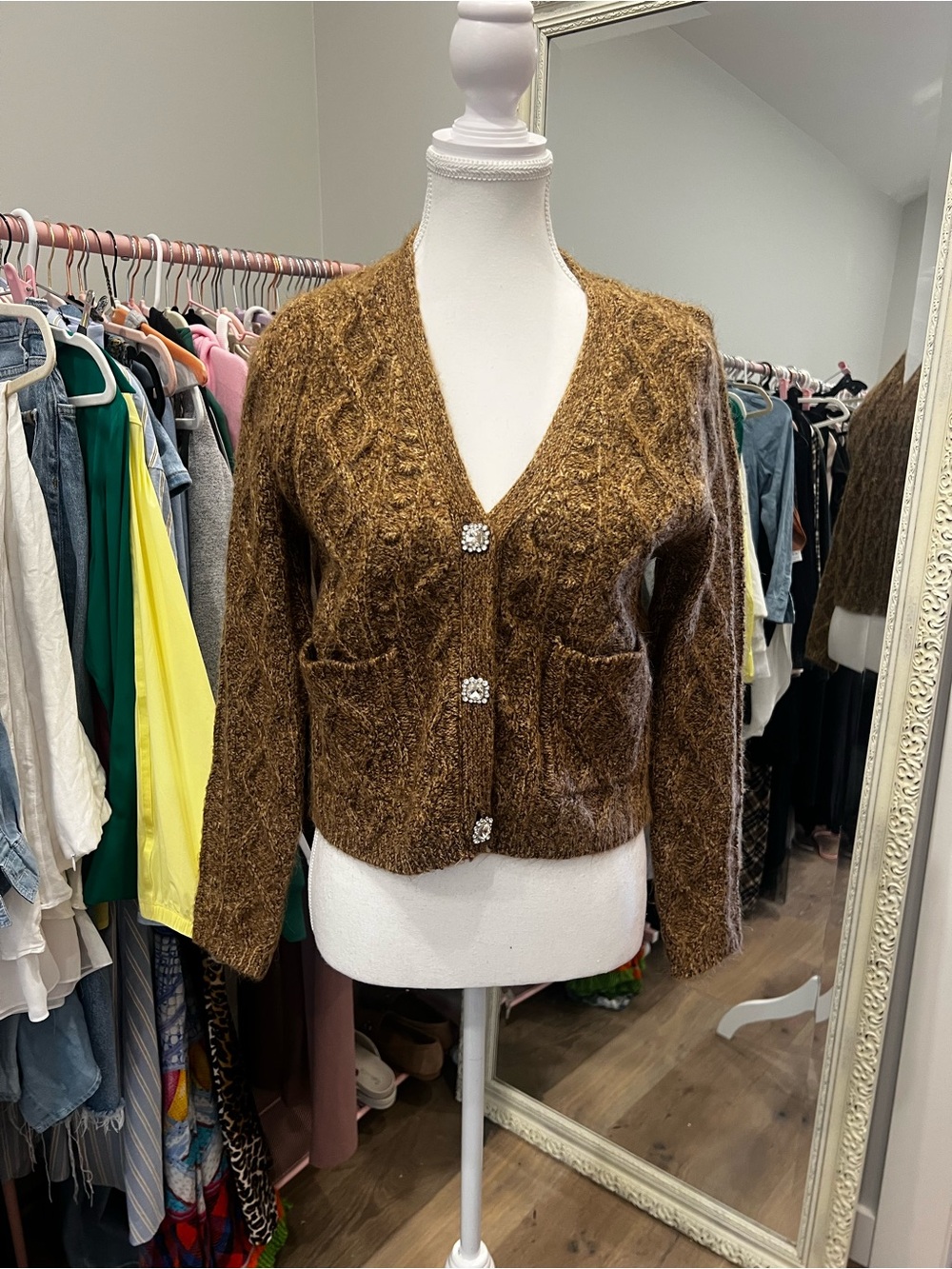 Target Brown Fuzzy Knit Cardigan with Jewel Buttons